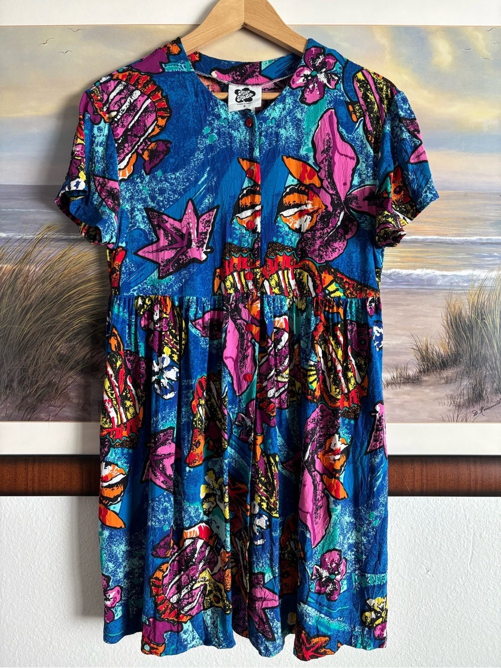 Vintage 90s Hilo Hattie Made in Hawaii Tropical Fish Babydoll Dress Colorful S